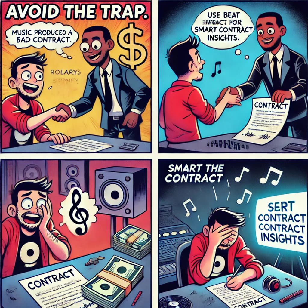 Comic panel showing contract signing